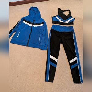 Blue & Black Three-Piece Athletic Set - Hoodie, Sports Bra, Leggings
